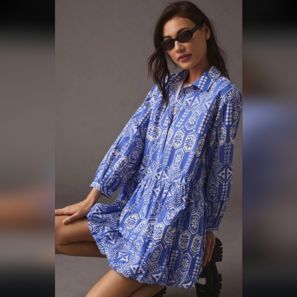 Anthropologie Blue and White Printed Mini Dress
